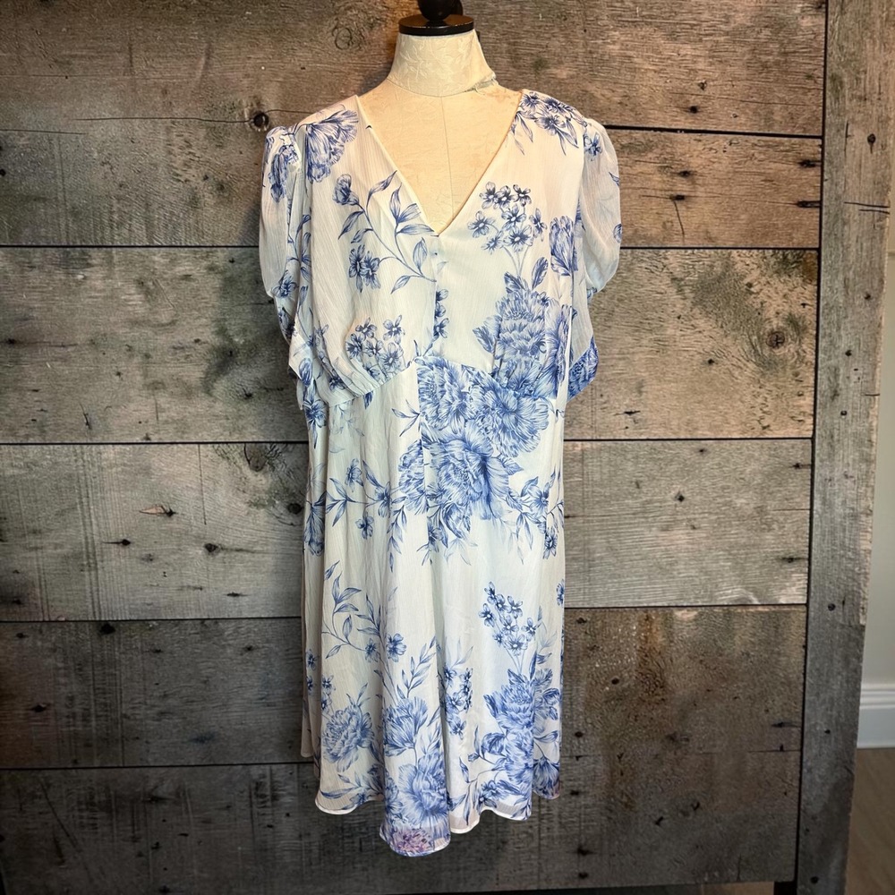Calvin Klein Blue White Floral Chiffon V-Neck Midi Dress CX3HD559 NWT Plus 22W